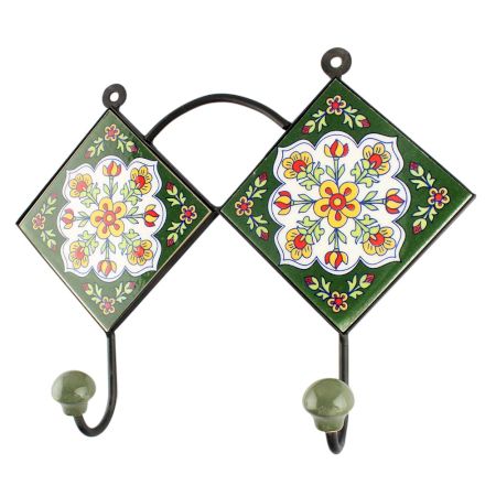 Forest Green With White Floral Ceramic Tile Hook Online